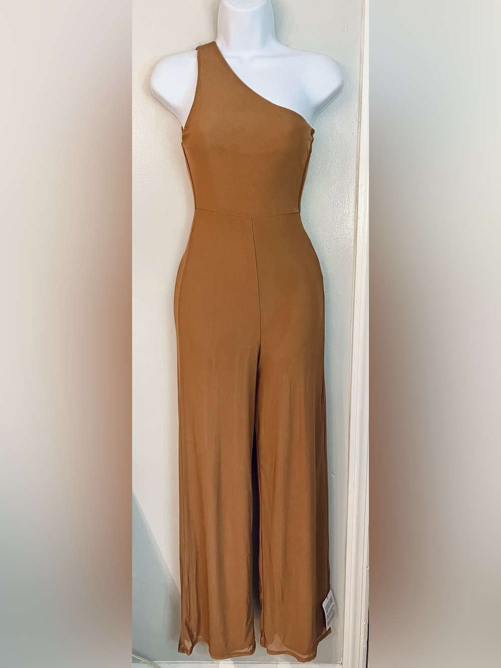 One-Shoulder Wide-Leg Jumpsuit in Warm Tan